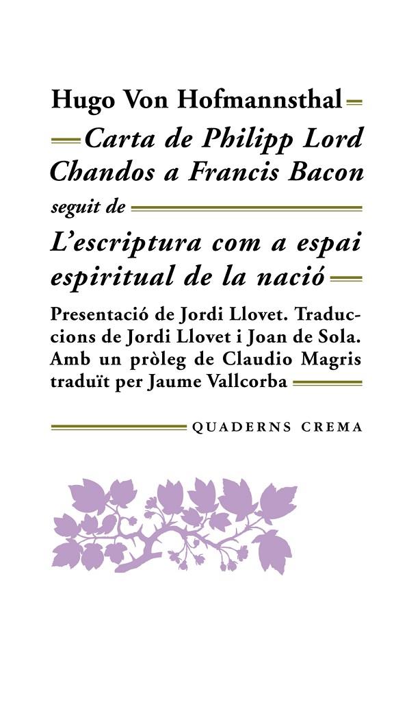 CARTA DE PHILIPP LORD CHANDOS A FRANCIS BACON SEGUIT DE L'ES | 9788477270744 | HOFMANNSTHAL, HUGO VON (1874-1929)